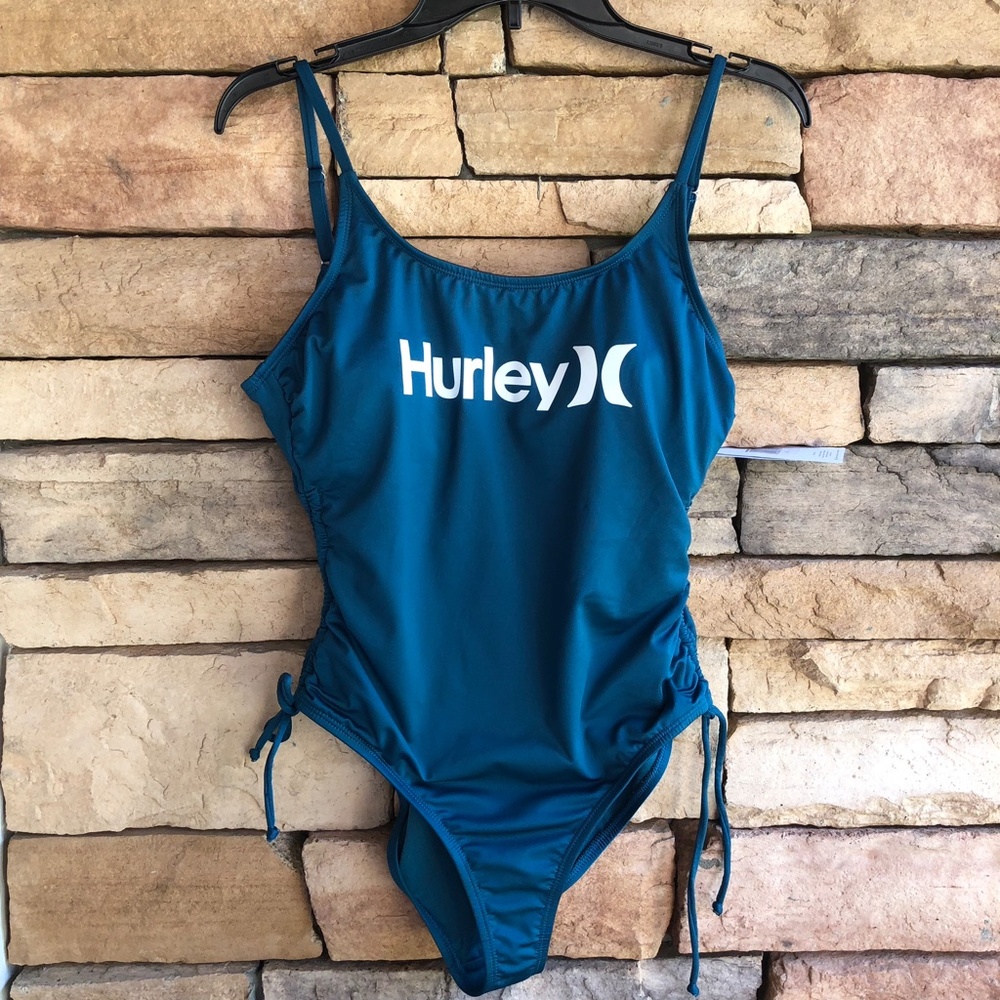 Hurley Teal Green Blue White Logo One-Piece Side Cinch Swimsuit Women L & XL NWT